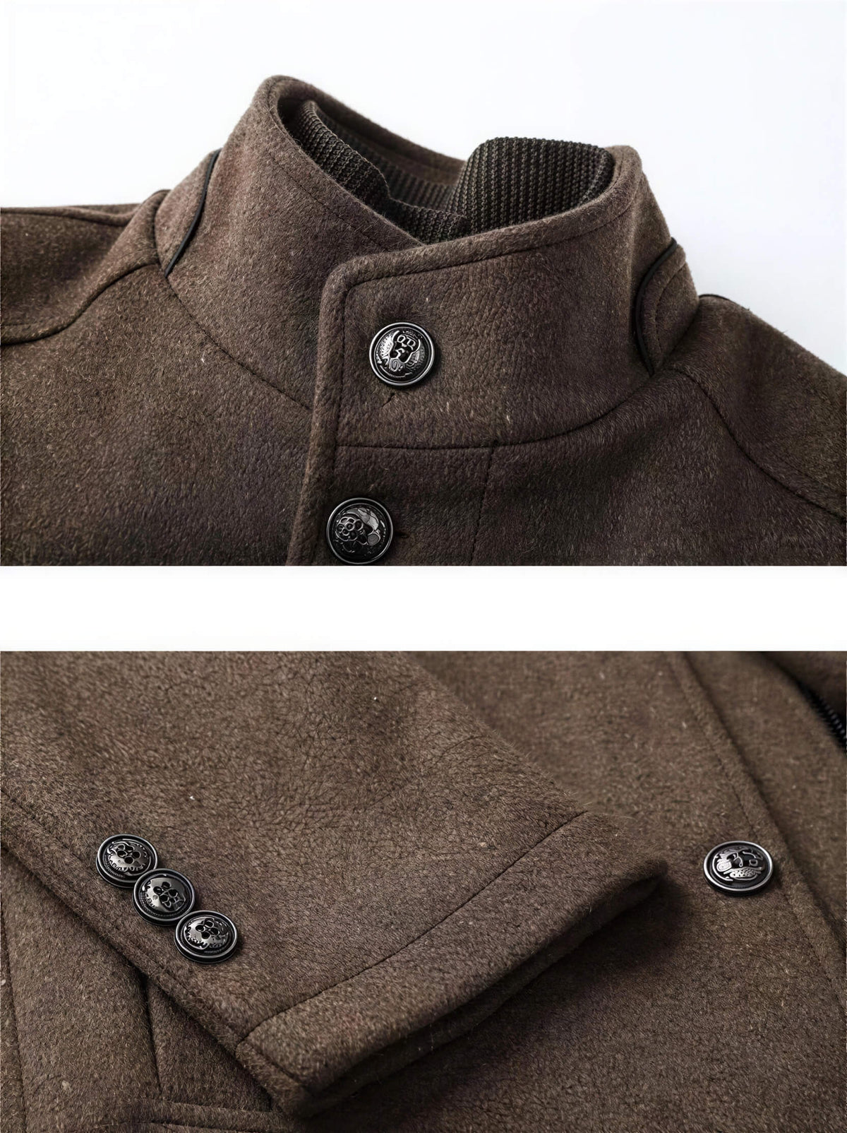Men's brown/camel slim fit wool winter coat featuring a high funnel neck collar, button and zipper closure, and thick quilted inner lining.