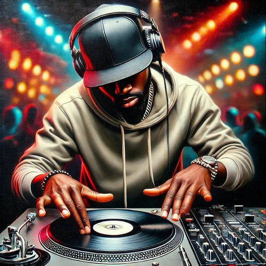 Hip-hop DJ scratching turntables at disco - colorful music culture streetwear inspiration