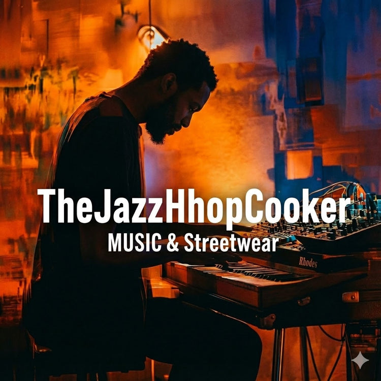 TheJazzHopCooker Music and Streetwear Logo showing a music producer creating music in a studio background