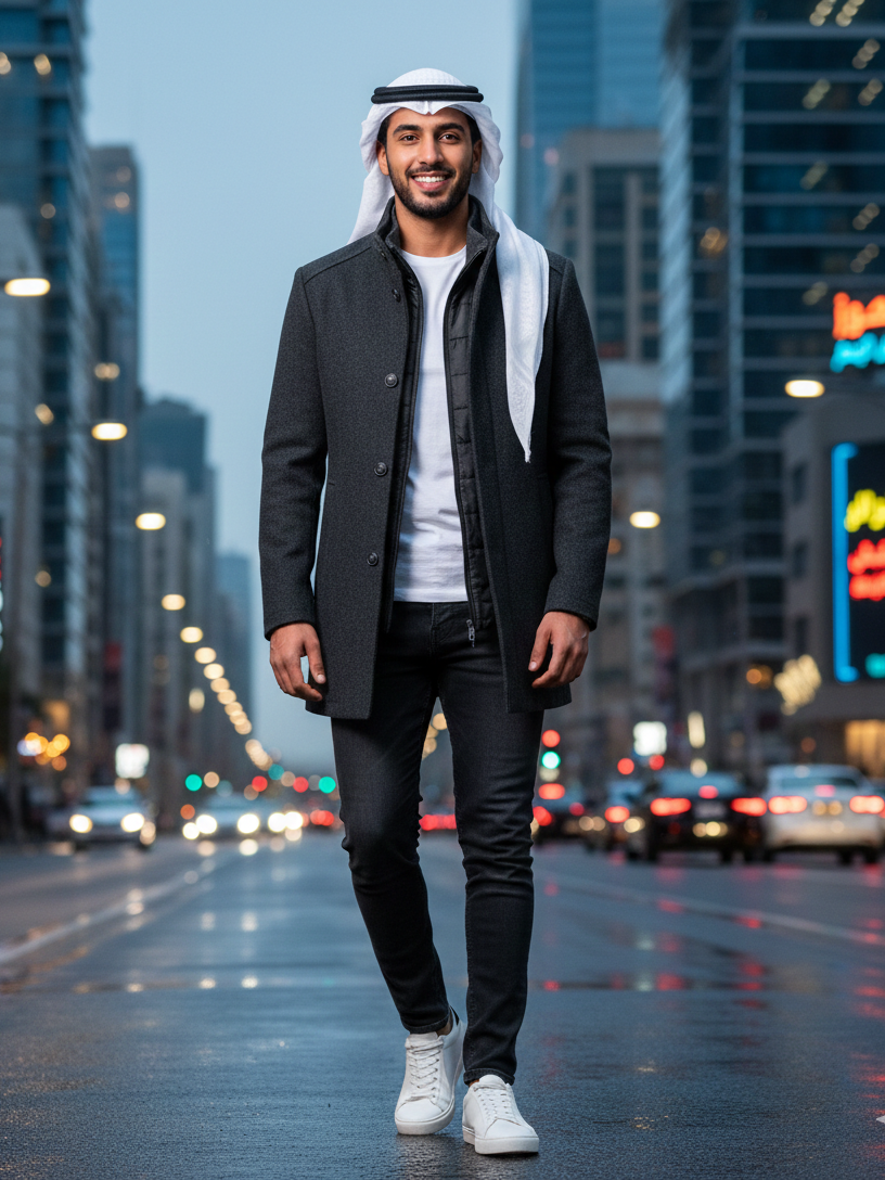Man in a grey coat and white shoes walking on a city street with tall buildings in the background.