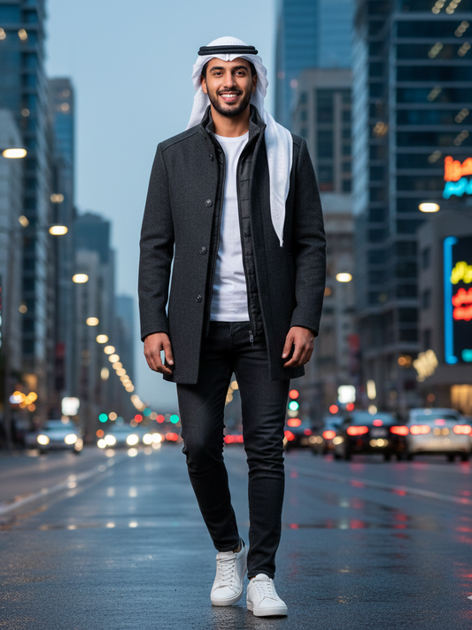 Man in a grey coat and white shoes walking on a city street with tall buildings in the background.