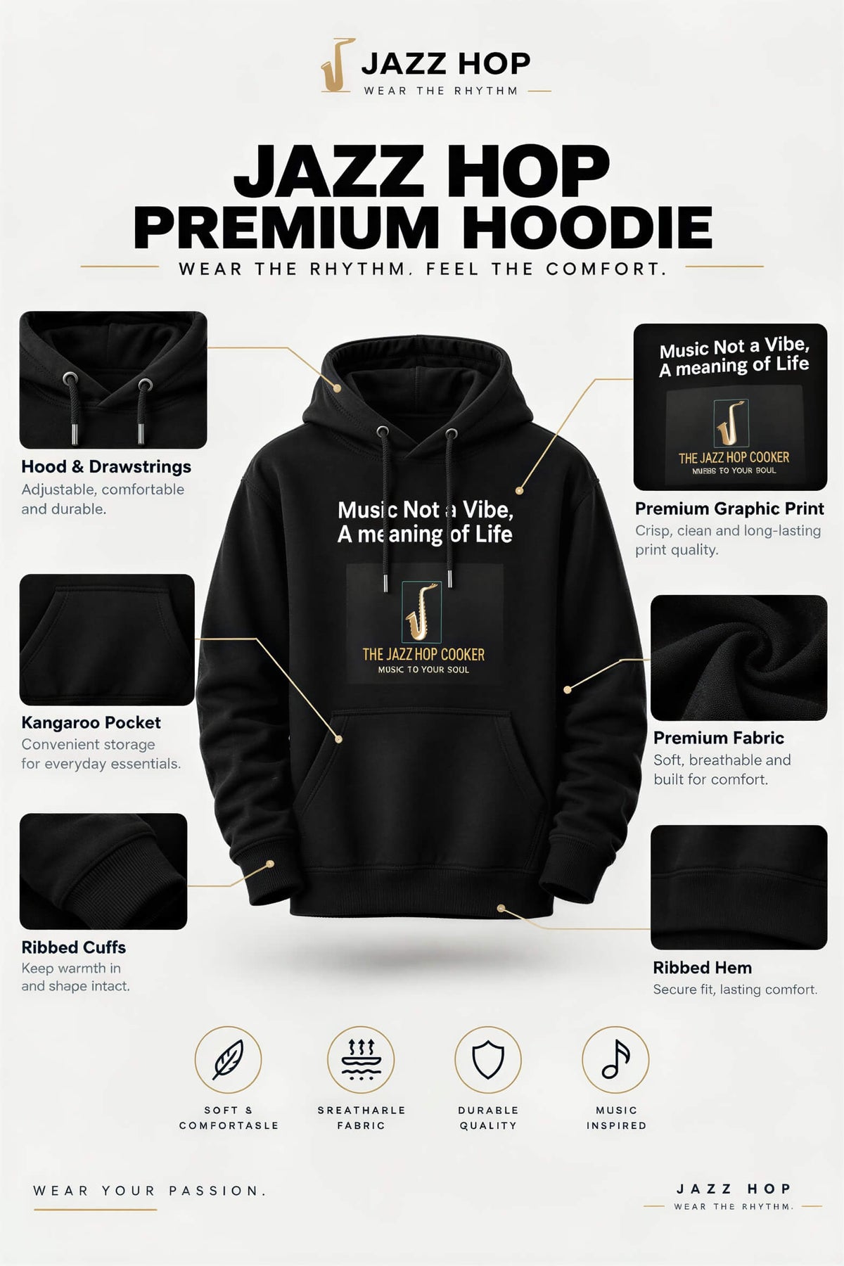 A promotional product graphic for the Jazz Hop Premium Hoodie. The central subject is a black pullover hoodie with a gold and white graphic reading 'Music Not A Vibe; A meaning of Life' and the Jazz Hop Corner logo.