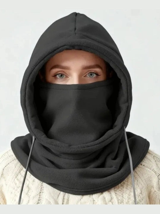 Close-up of the adjustable drawstring on the knit balaclava hood for a custom windproof fit.