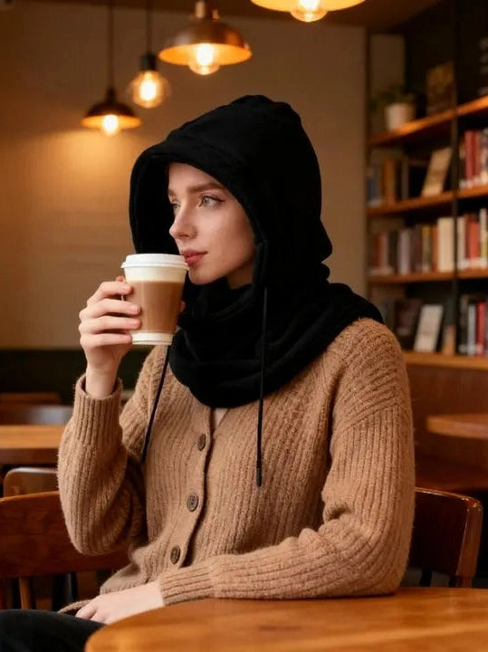 Women wearing a black Winter Balaclava Knit Hood inside a book store cafe