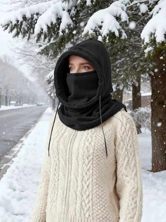 Black unisex thermal polar fleece balaclava full face ski mask with adjustable drawstring.
