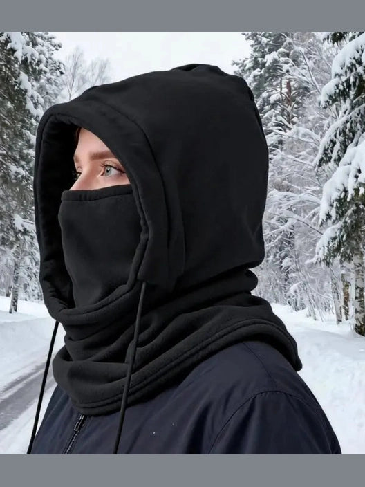 Black unisex thermal polar fleece balaclava full face ski mask with adjustable drawstring.