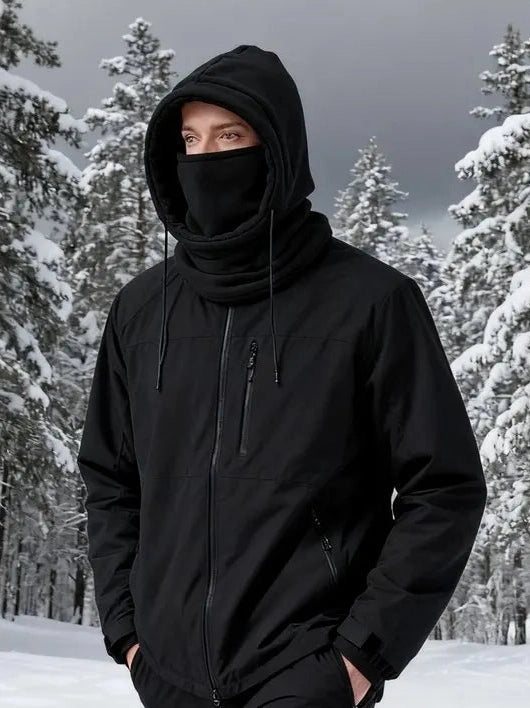 Man wearing the 4-in-1 fleece neck warmer and balaclava while cycling in cold weather.
