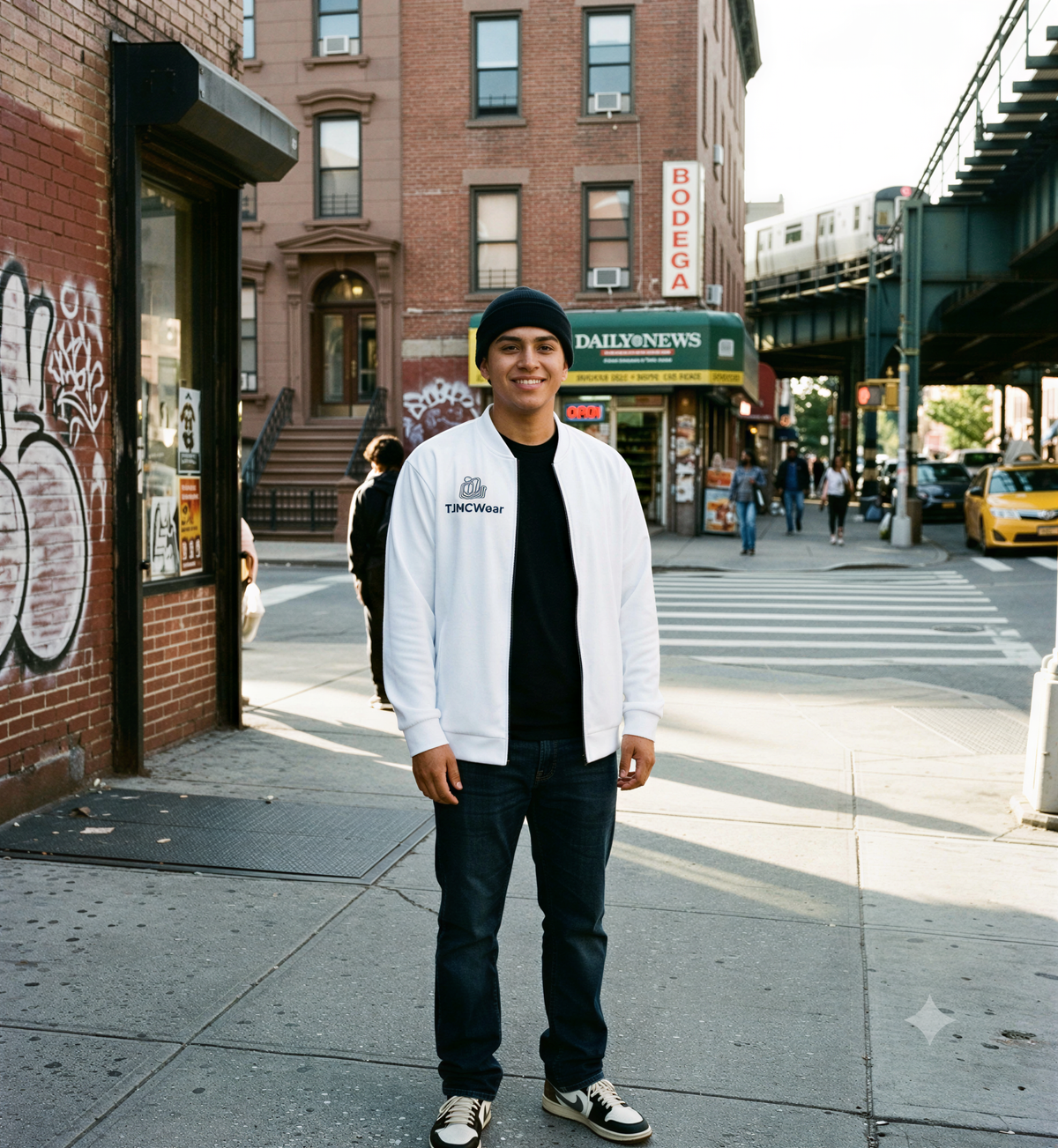 Model wearing a white TJHCWear unisex bomber jacket with black chest music logo, full-length zipper, stand-up collar, long sleeves, ribbed cuffs, ribbed hem, and two side pockets on an urban street.
