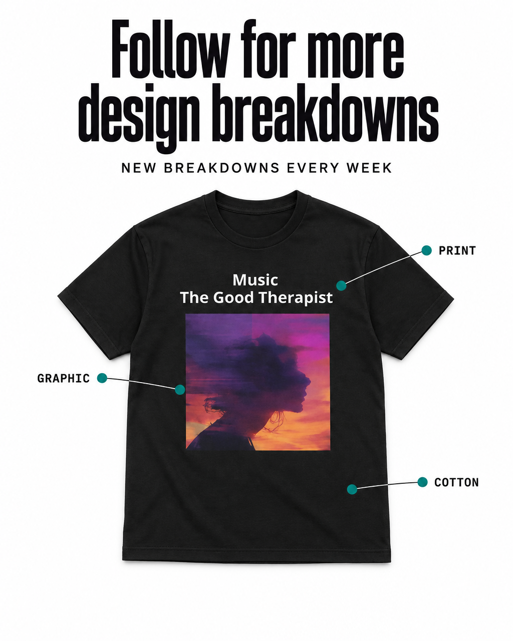 A black graphic T-shirt laid flat on a white background with explanatory callouts reading 'PRINT', 'GRAPHIC', and 'COTTON'. Large headline text above says 'Follow for more design breakdowns' and 'NEW BREAKDOWNS EVERY WEEK.