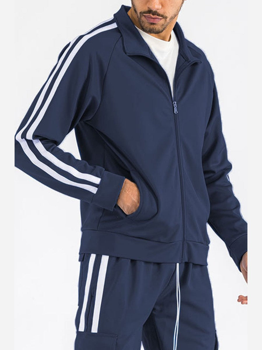 Side view of of the Two Stripe Track Jacket in a white background