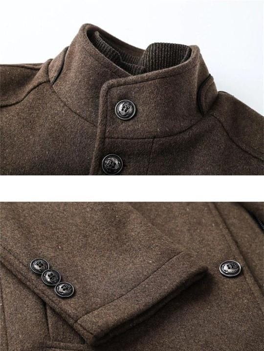 Men's brown/camel slim fit wool winter coat featuring a high funnel neck collar, button and zipper closure, and thick quilted inner lining.