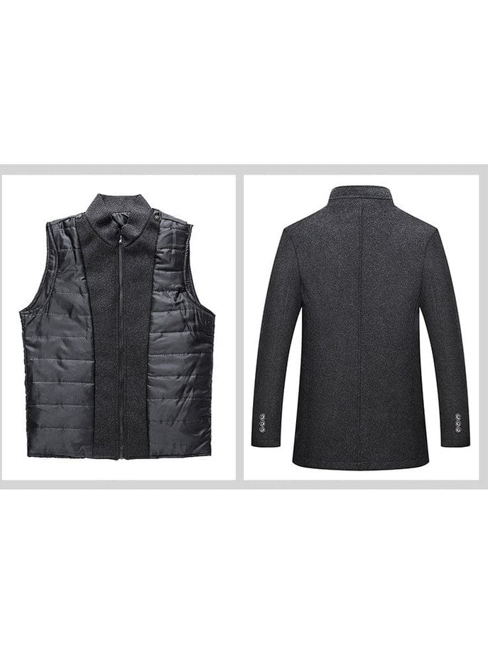 Men's dark grey slim fit wool winter coat featuring a high funnel neck collar, button and zipper closure, and thick quilted inner lining.