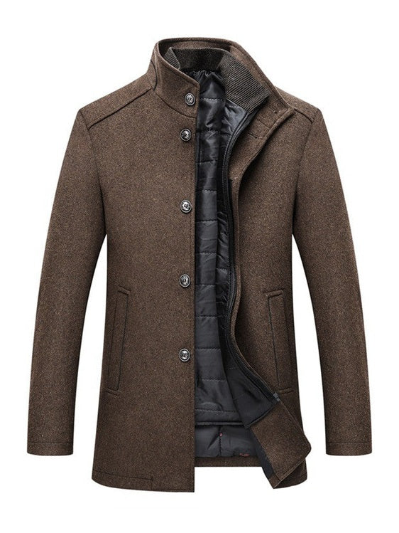 Men's brown/camel slim fit wool winter coat featuring a high funnel neck collar, button and zipper closure, and thick quilted inner lining.
