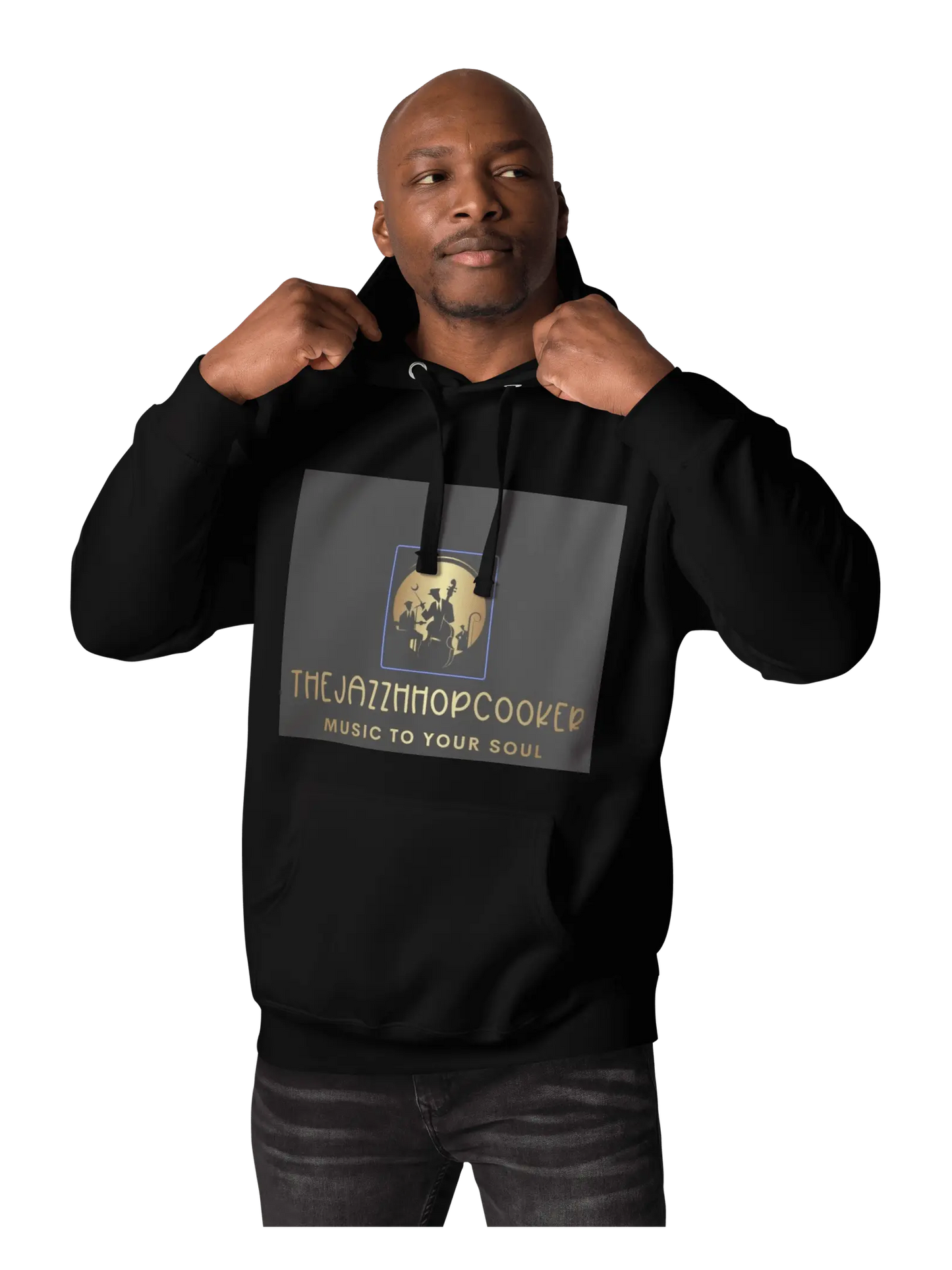 Men wearing a Hoodie with Jazz Hip Hop design front view