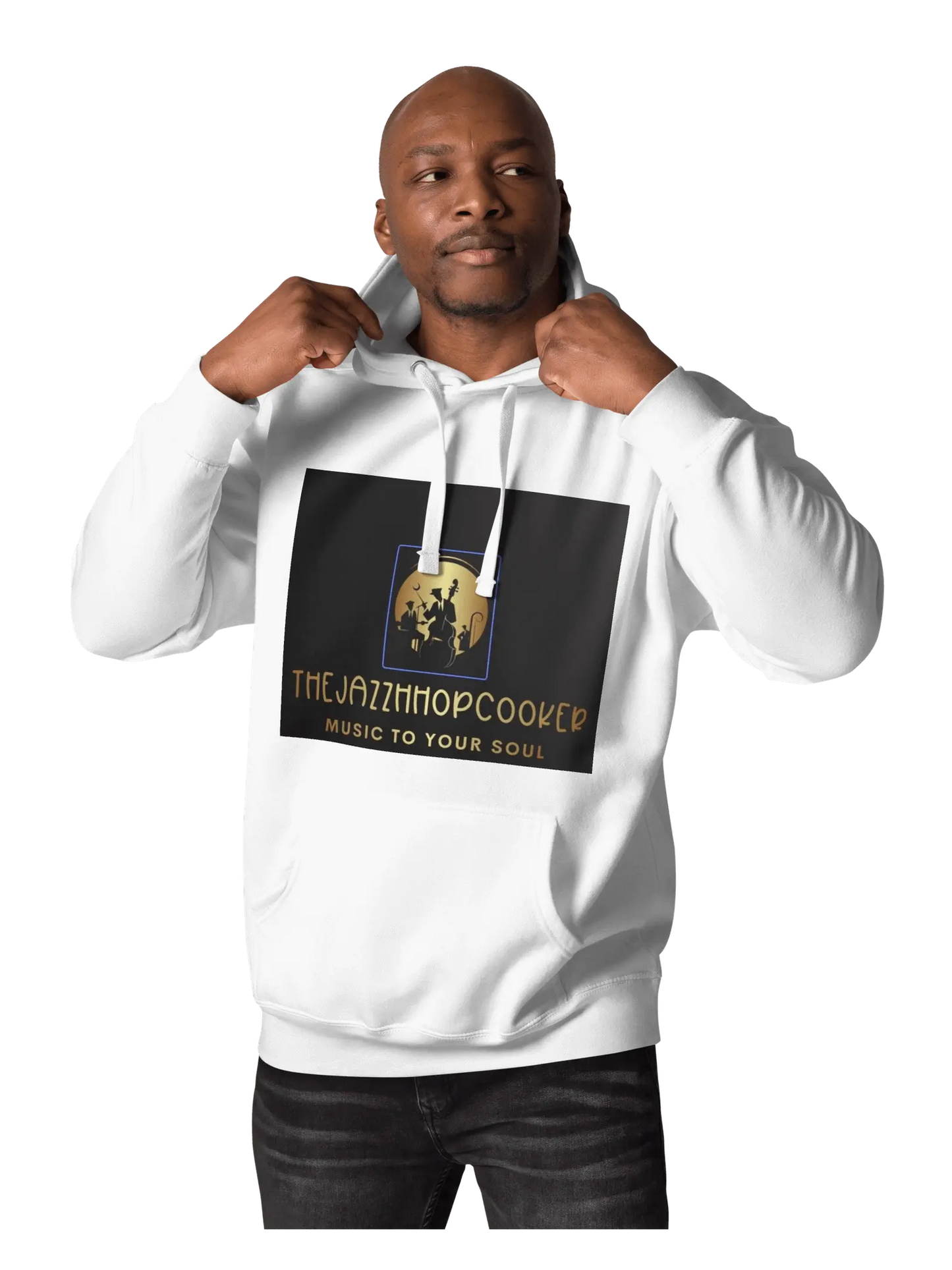 Men wearing a Hoodie with Jazz Hip Hop design front view
