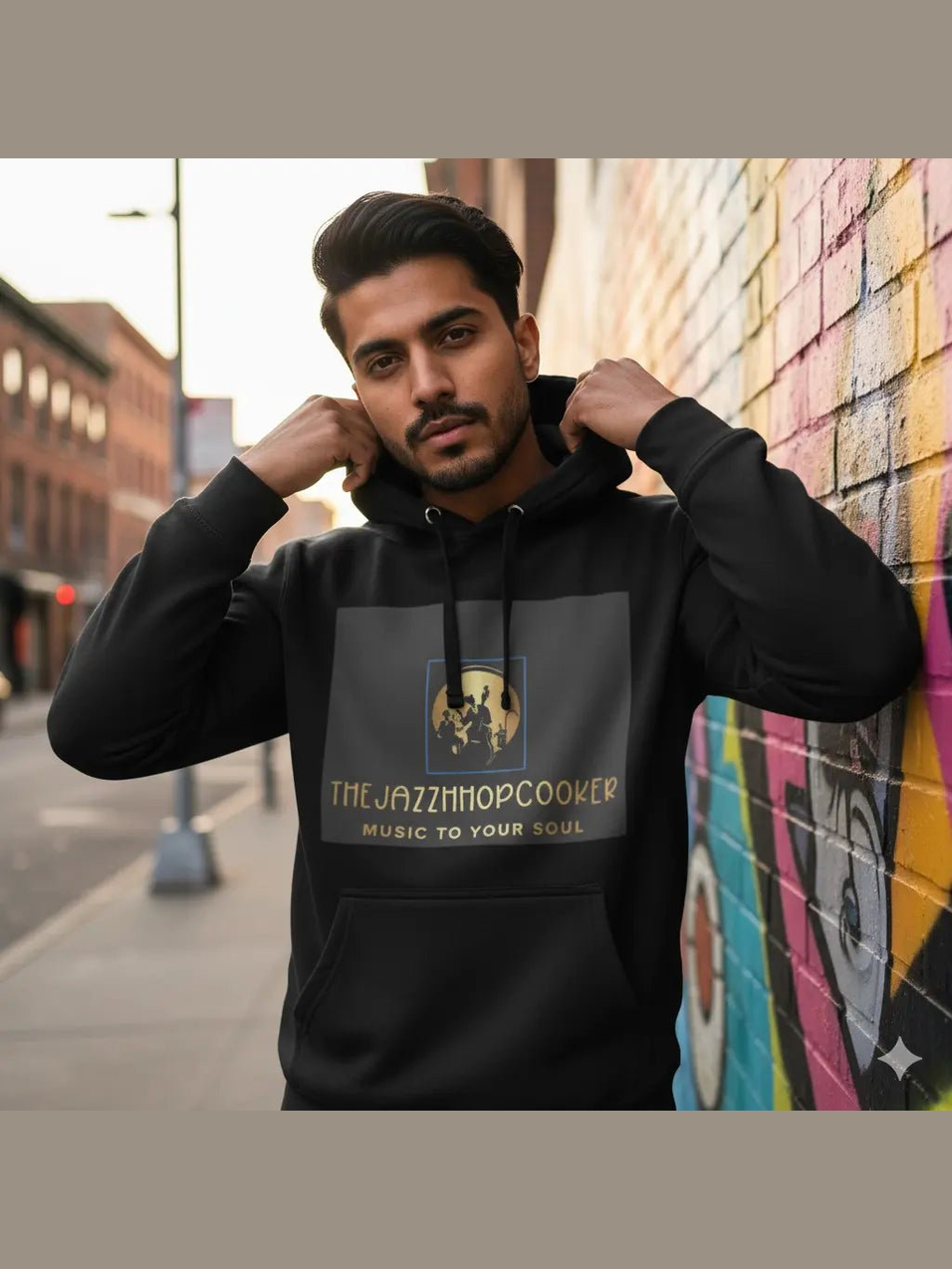 Men wearing a Hoodie with Jazz Hip Hop design front view