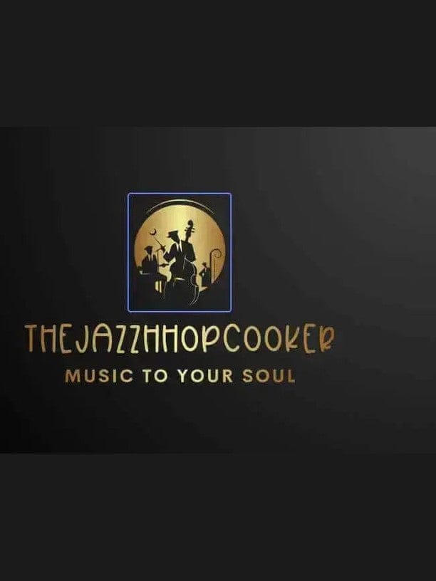TheJazzHhopCooker Music and Streetwear black and gold logo with a jazz band in the background
