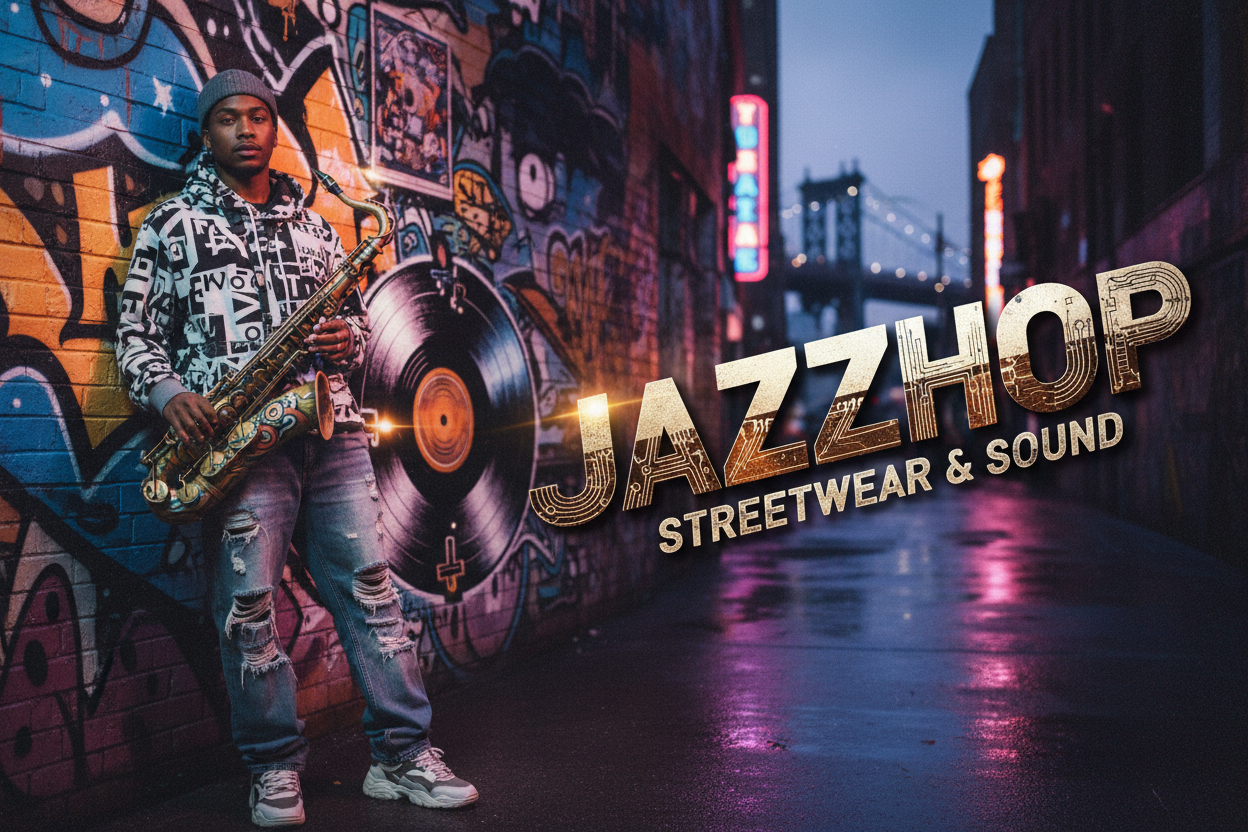 Person playing saxophone in front of a graffiti wall with 'Jazzhop Streetwear & Sound' branding.