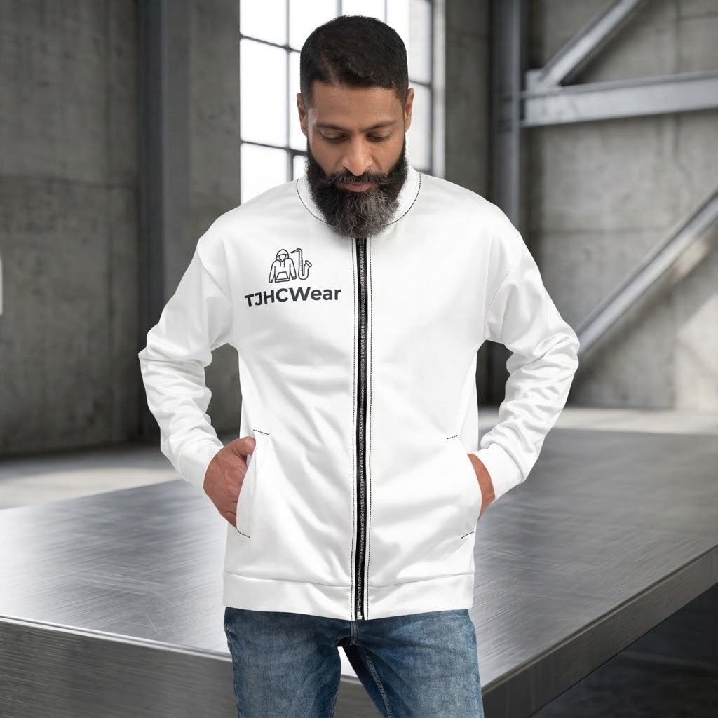 Man wearing a white TJHCWear unisex bomber jacket with a black full-length zipper, black chest jazz-and-saxophone logo, stand-up collar, long sleeves, and side pockets in an industrial studio setting.