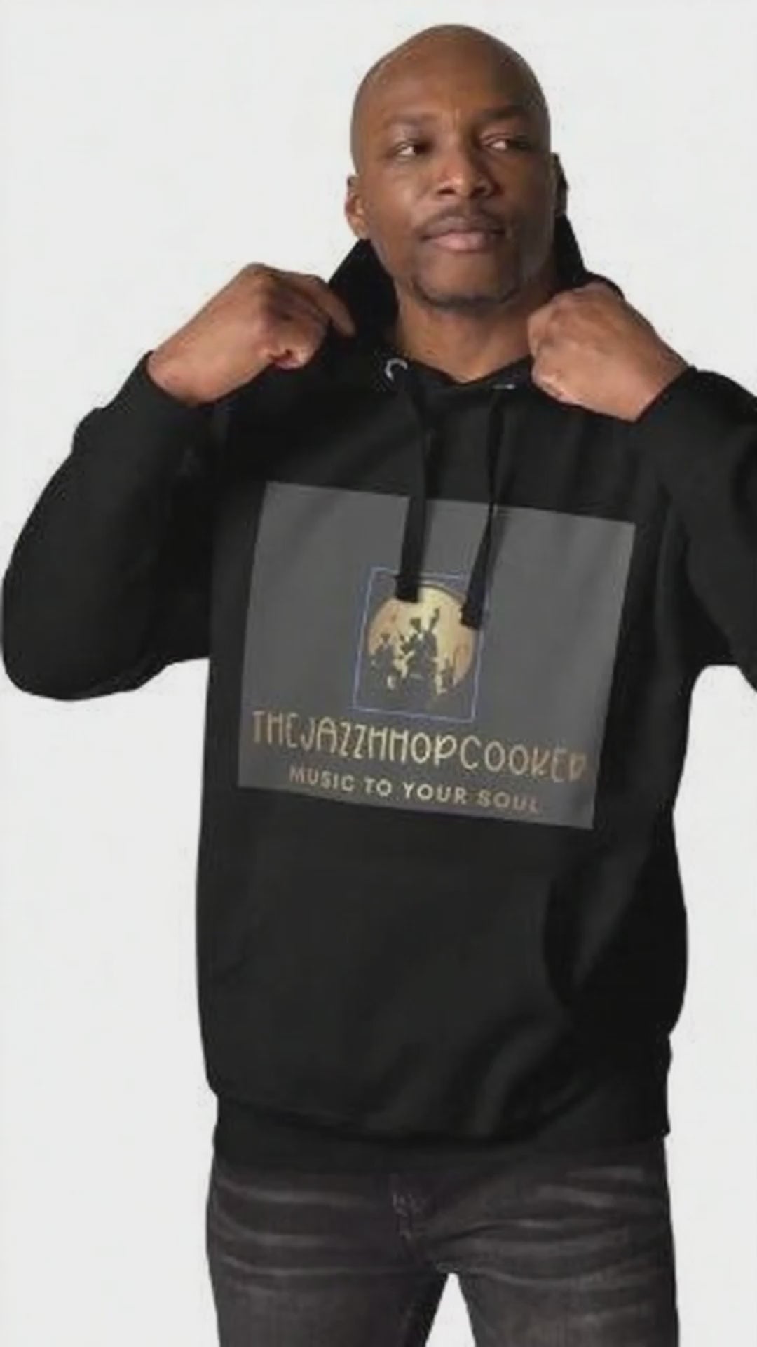 Afro-American Men wearing a black hoddie in a white background-video.