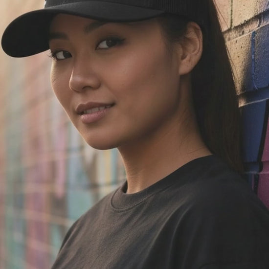 Black retro trucker cap with Jazz Hip Hop embroidery front view