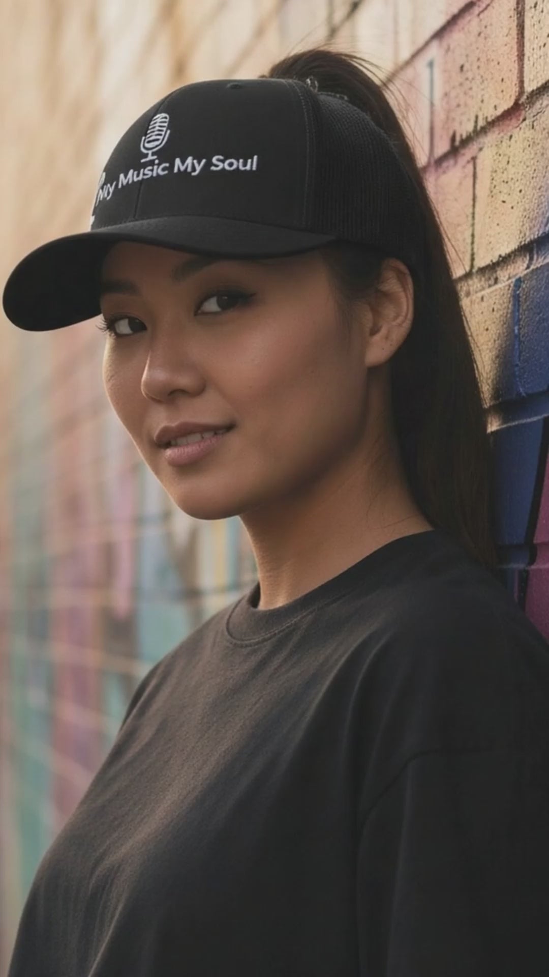 Black retro trucker cap with Jazz Hip Hop embroidery front view