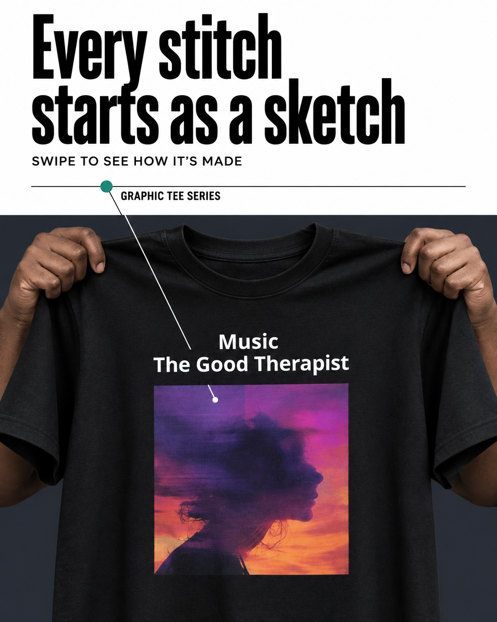 A person holds up a black graphic T-shirt against a dark background. The shirt has a colorful sunset-style square print on the front with the words 'Music The Good Therapist.