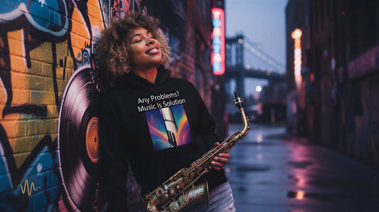A woman with curly hair stands in a city alley at dusk, smiling and holding a saxophone. She wears a black hoodie with the text 'Any Problem? Music Is Solution' and a colorful graphic on the front.