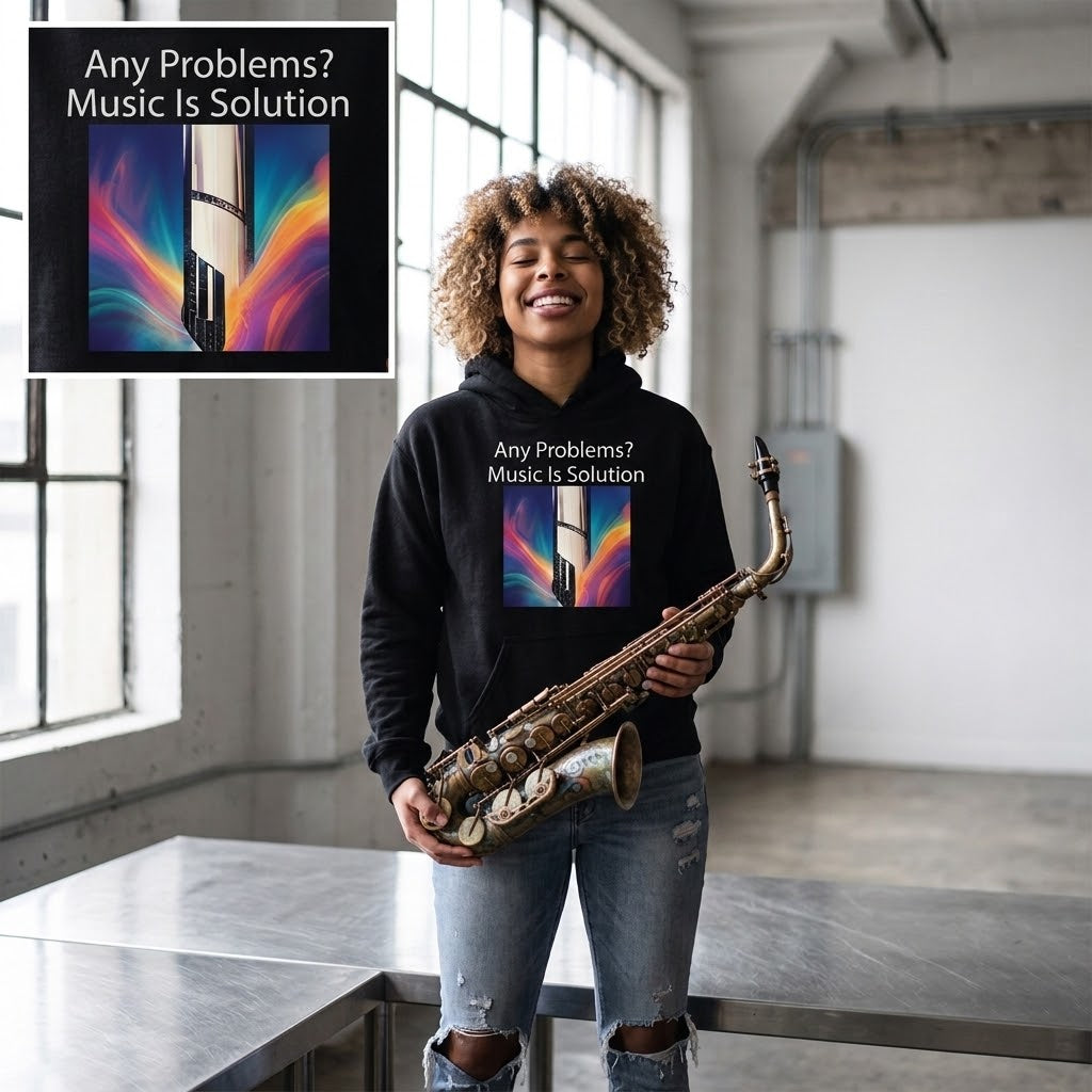 A woman stands in a bright industrial loft holding a saxophone, wearing a black hoodie with a colorful graphic print that reads 'Any Problems? Music Is Solution.' An inset in the top-left shows the full hoodie design without the model.